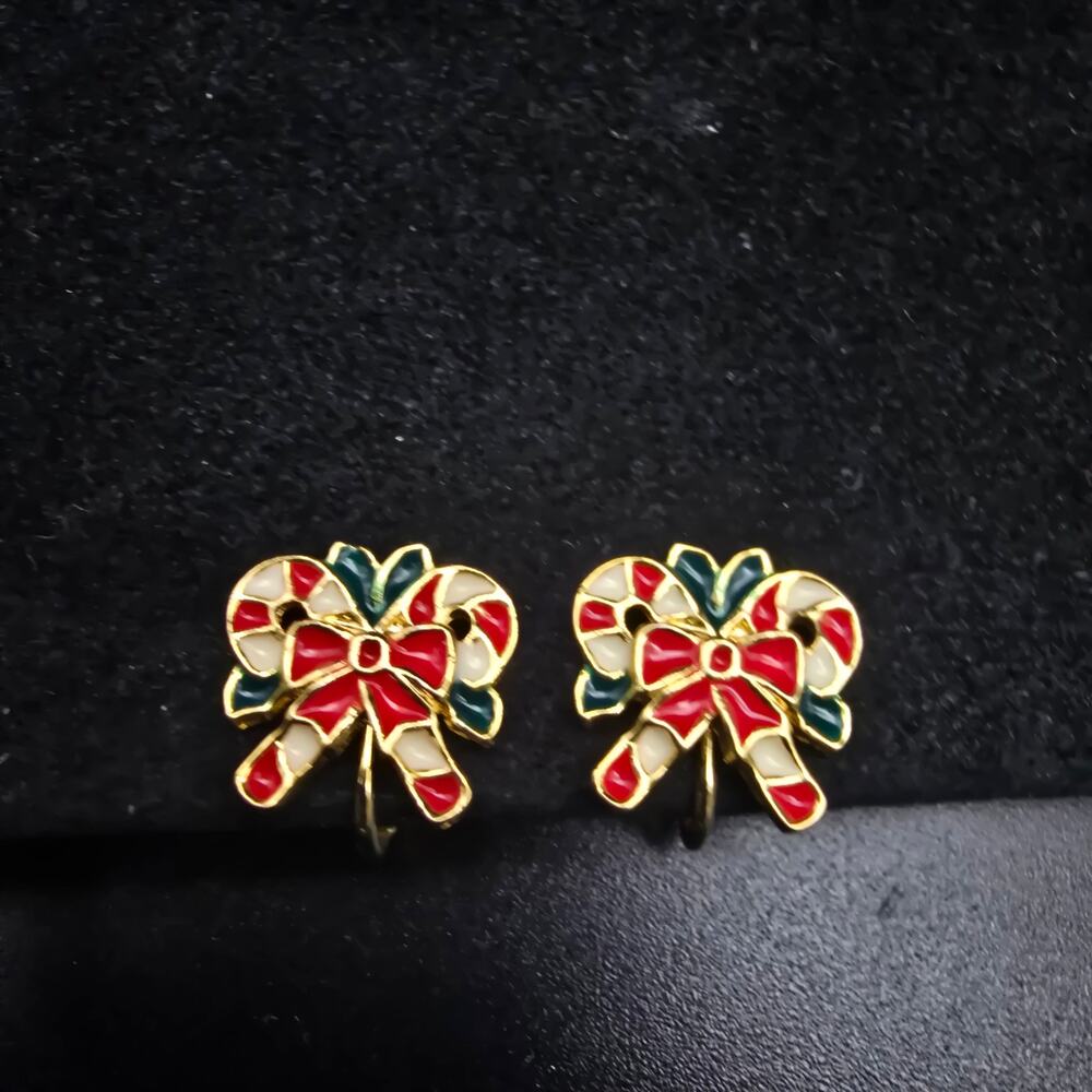 Christmas Candy Cane Clip On Earrings Enamel Vintage 1990s Jewelry